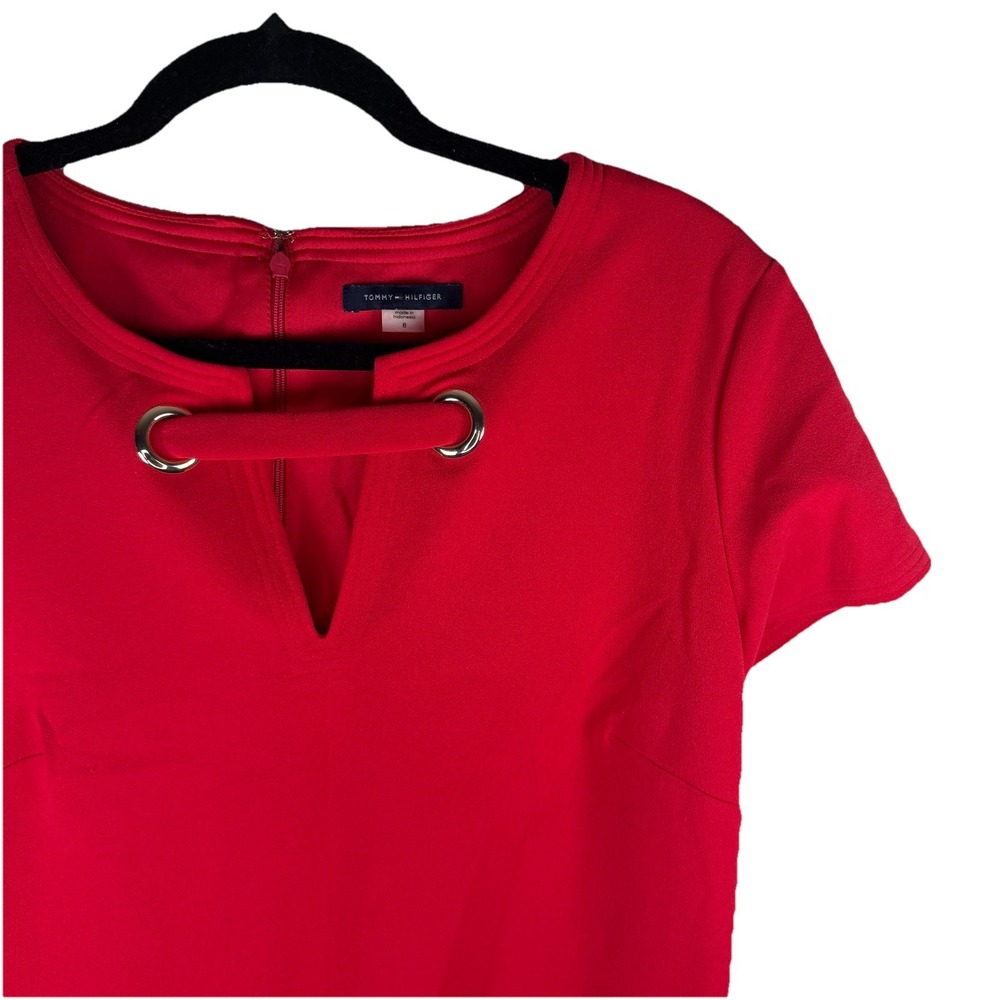 Tommy Hilfiger Women Red Shift Dress Size 8 Gold Accents‎ Midi Business Office